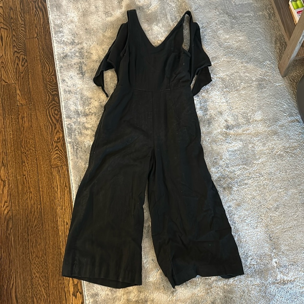 WHO WHAT WEAR CROPPED WIDE LEG LINEN BLEND JUMPSUIT WITH TIE BACK